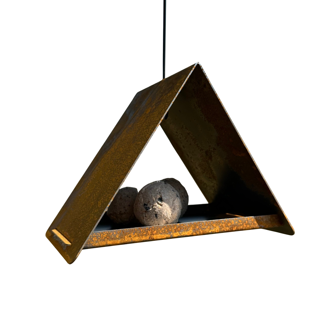 Vogelvoederhuis JUPITER – hangend cortenstalen vogelhuis met staaldraad