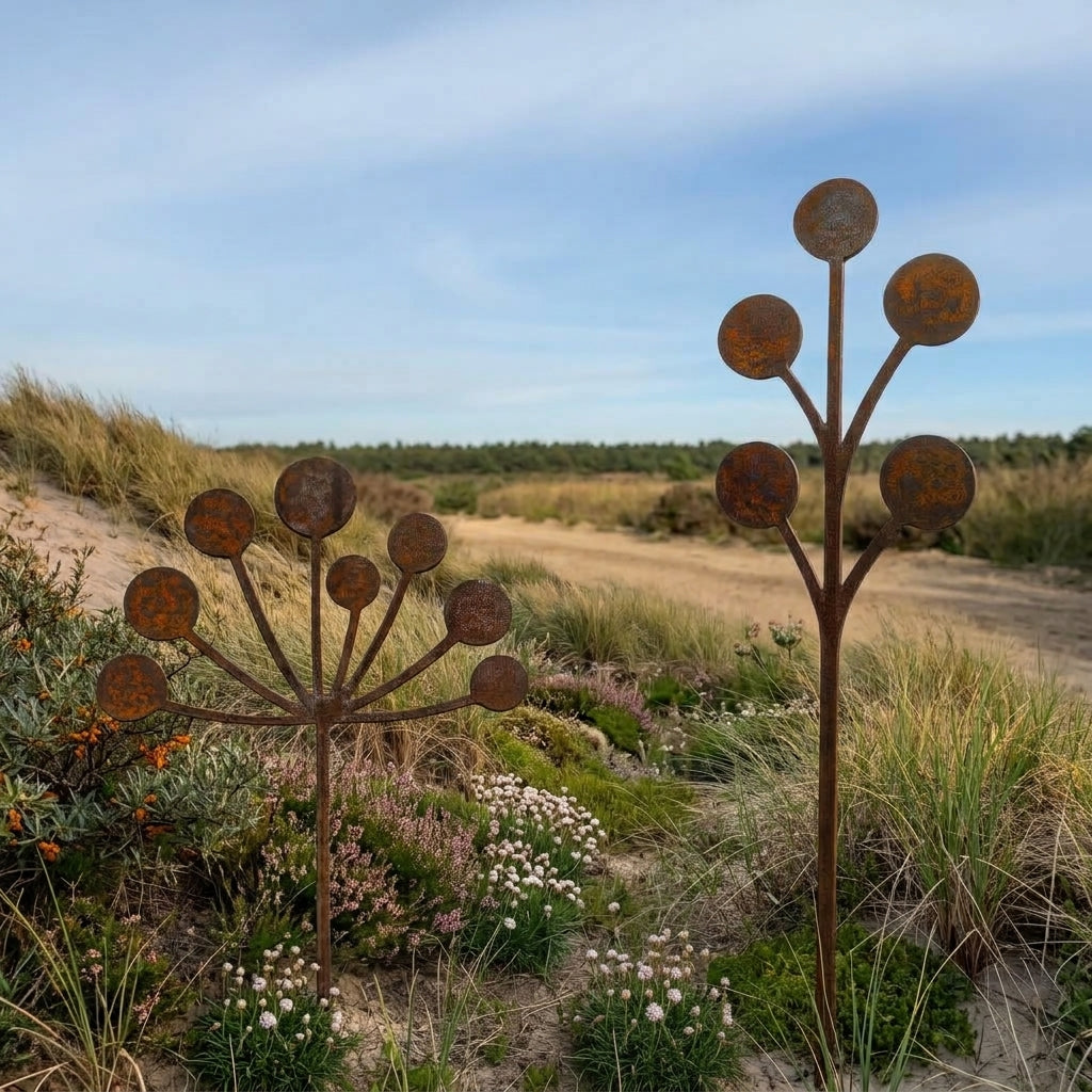 Tuinsteker ALLIUMS van Stalen Design, cortenstalen sierui tuinvormen als decoratie voor border of tuin.