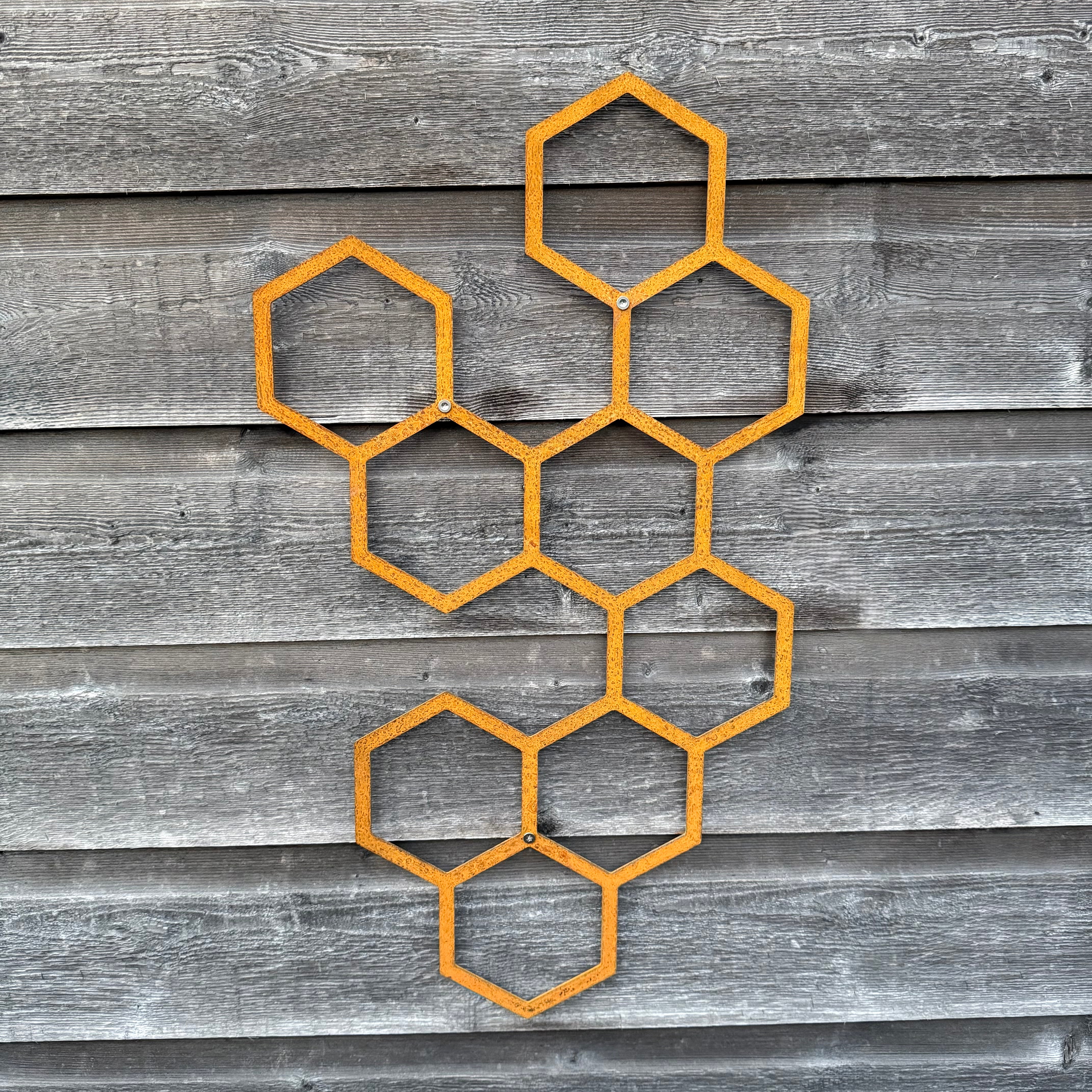 Klimplantrek HEXA van cortenstaal met hexagon motief voor klimplanten aan de buitenmuur
