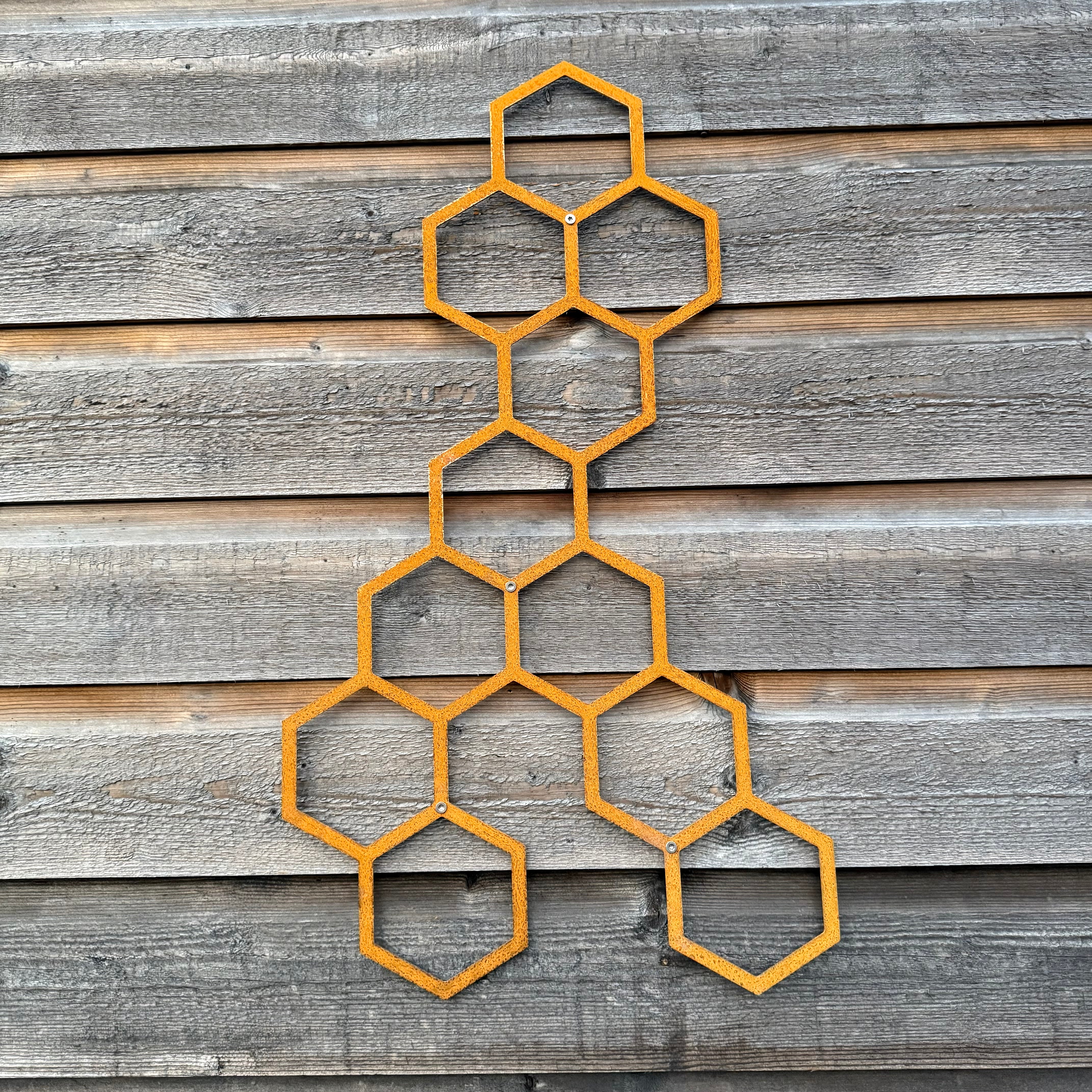 Wanddecoratie HIVE van cortenstaal met 11 hexagons – voor buiten