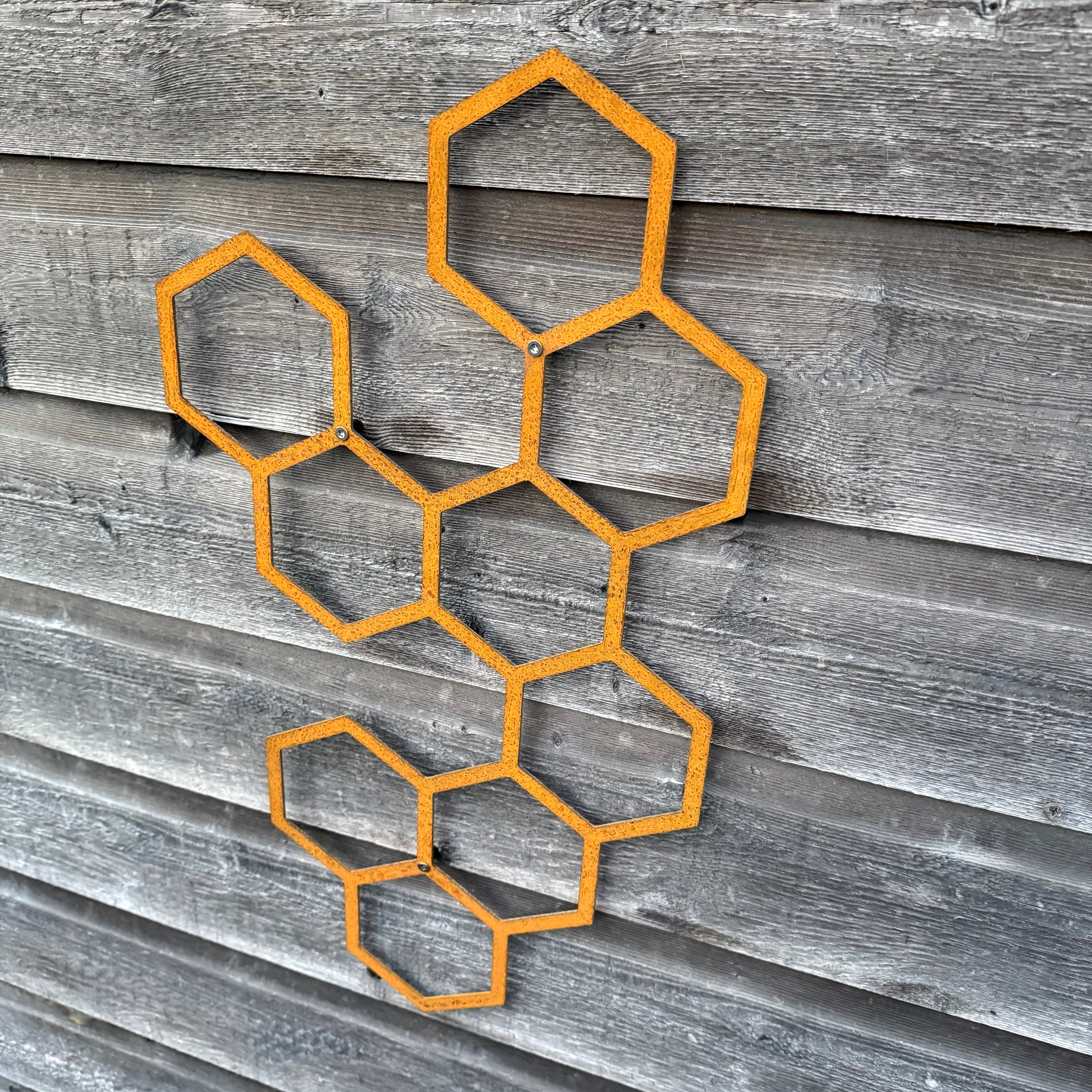 Klimplantrek HEXA van cortenstaal met hexagon motief voor klimplanten aan de buitenmuur