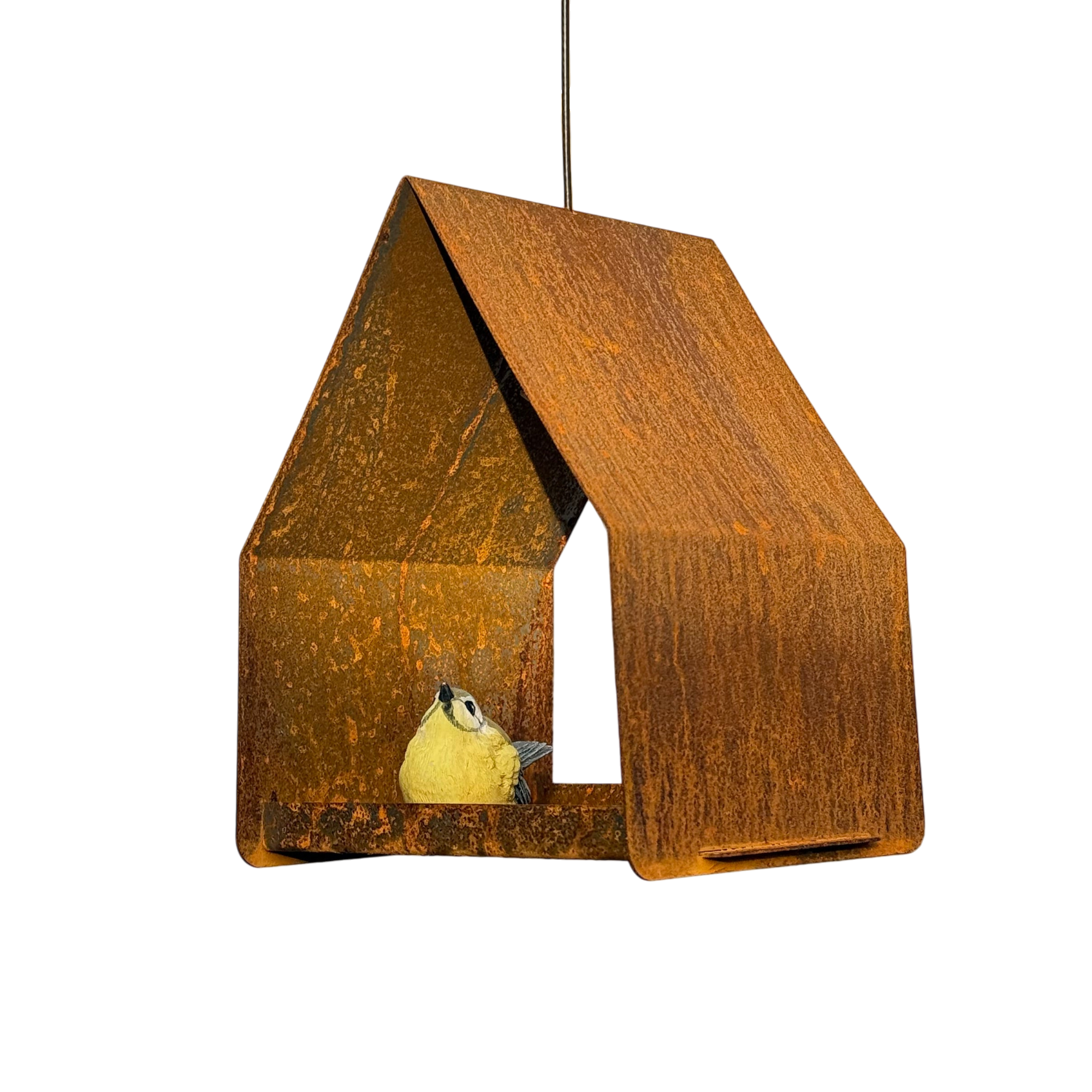 Hangend vogelvoederhuis HAVEN van cortenstaal met RVS haak, roestkleurig design voor tuin of balkon