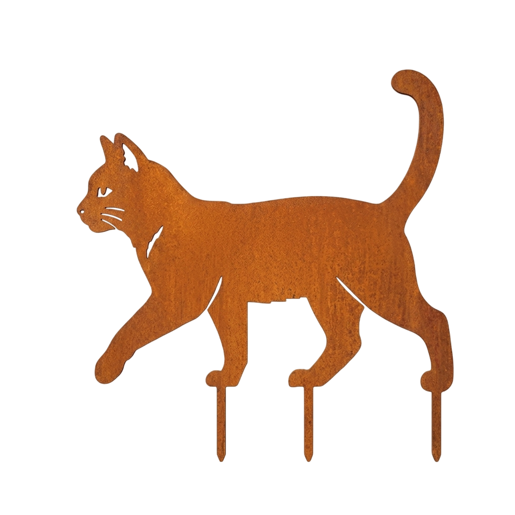 Tuinsteker LYNX van Stalen Design, lopende kat van 3 mm cortenstaal met snorharen en speelse staart.