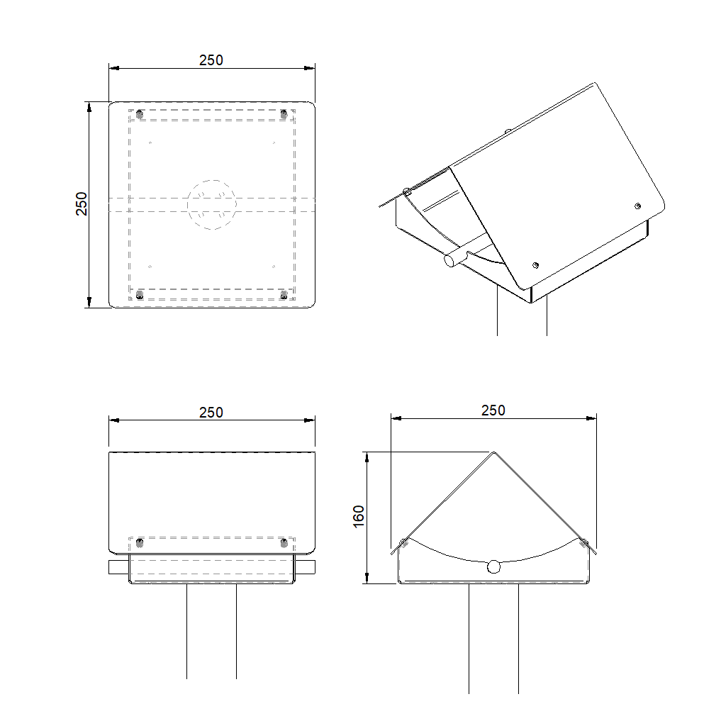 Design vogelvoederhuis KRAM van cortenstaal met zadeldak, geschikt voor montage op houten paal (niet inbegrepen).