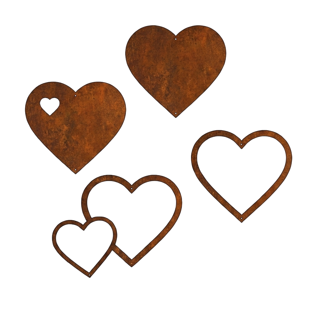 Tuinvorm LOVE van Stalen Design, set van 4 cortenstalen wandharten van circa 12 x 12 cm per stuk.