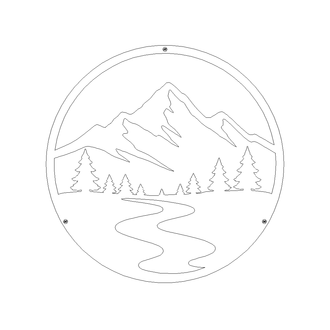 Cortenstalen wanddecoratie ALPEN met berglandschap, ronde metalen muurdecoratie van 450 mm voor tuinmuur of gevel.