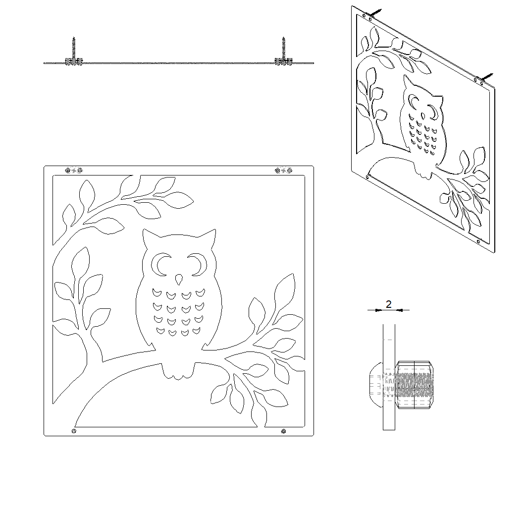 Wanddecoratie OWL van Stalen Design, 2 mm stalen muurdecoratie met uil en bladeren, 450 x 450 mm.