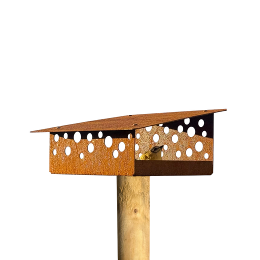 Vogelvoederhuis SOLEIL van cortenstaal met lessenaarsdak voor montage op paal