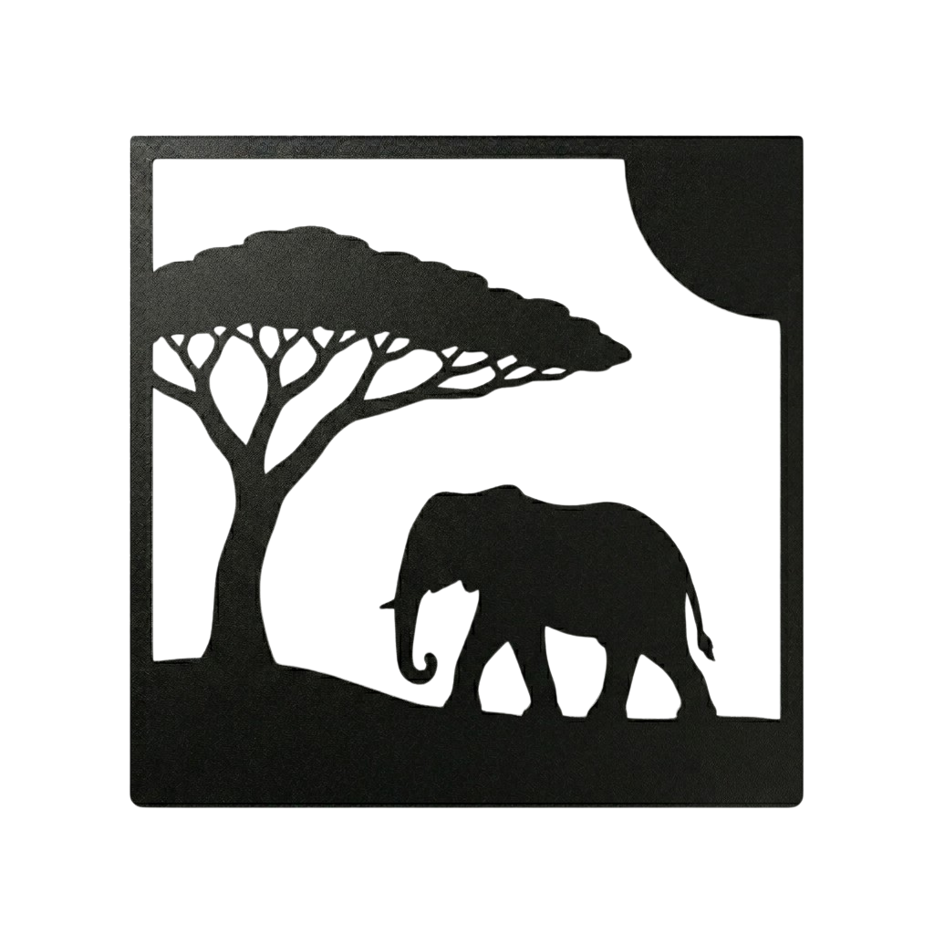 Wanddecoratie SAFARI van Stalen Design, 2 mm stalen muurdecoratie met olifant, acaciaboom en zon.