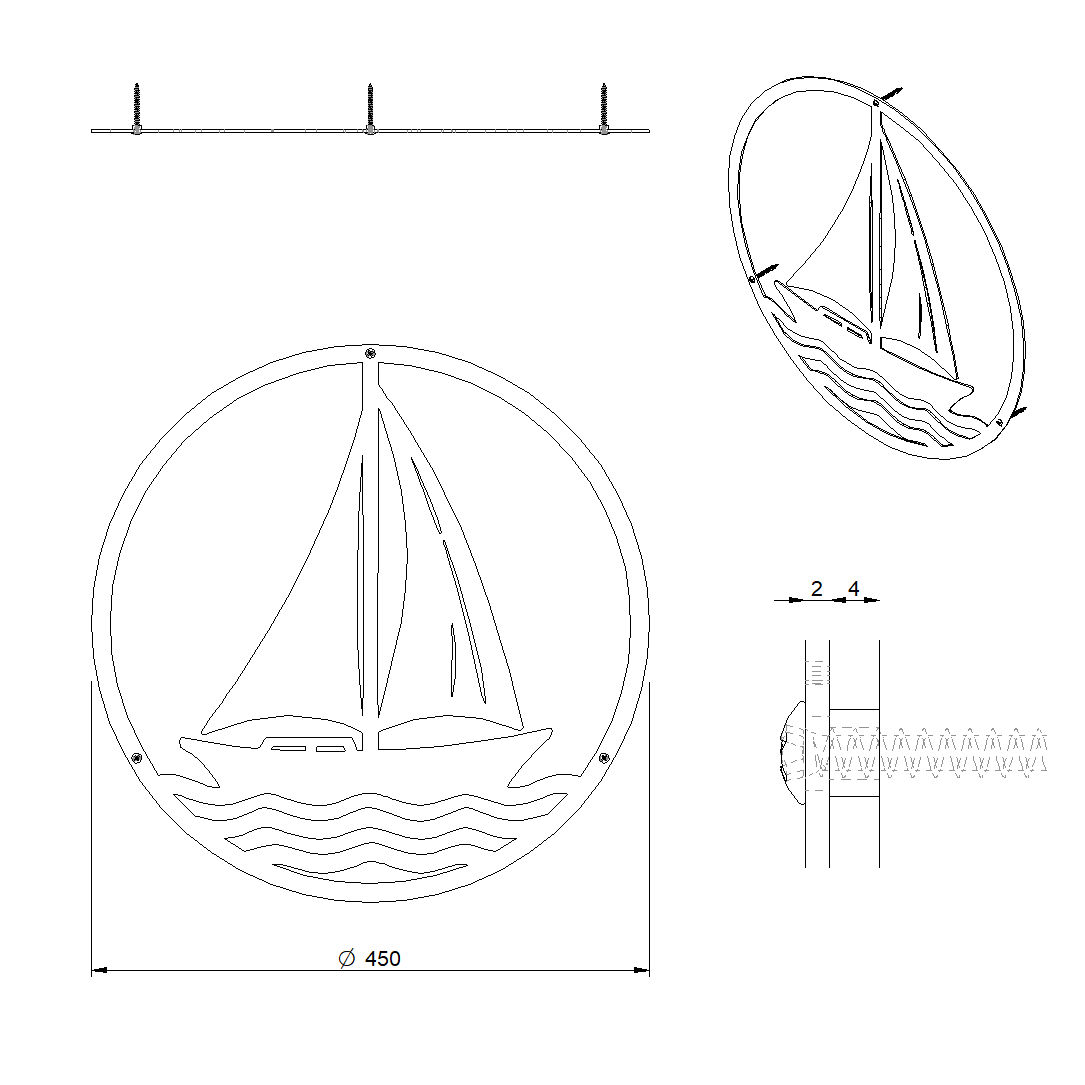 Wanddecoratie SAIL van cortenstaal met zeilboot en golven, ronde muurdecoratie voor buiten