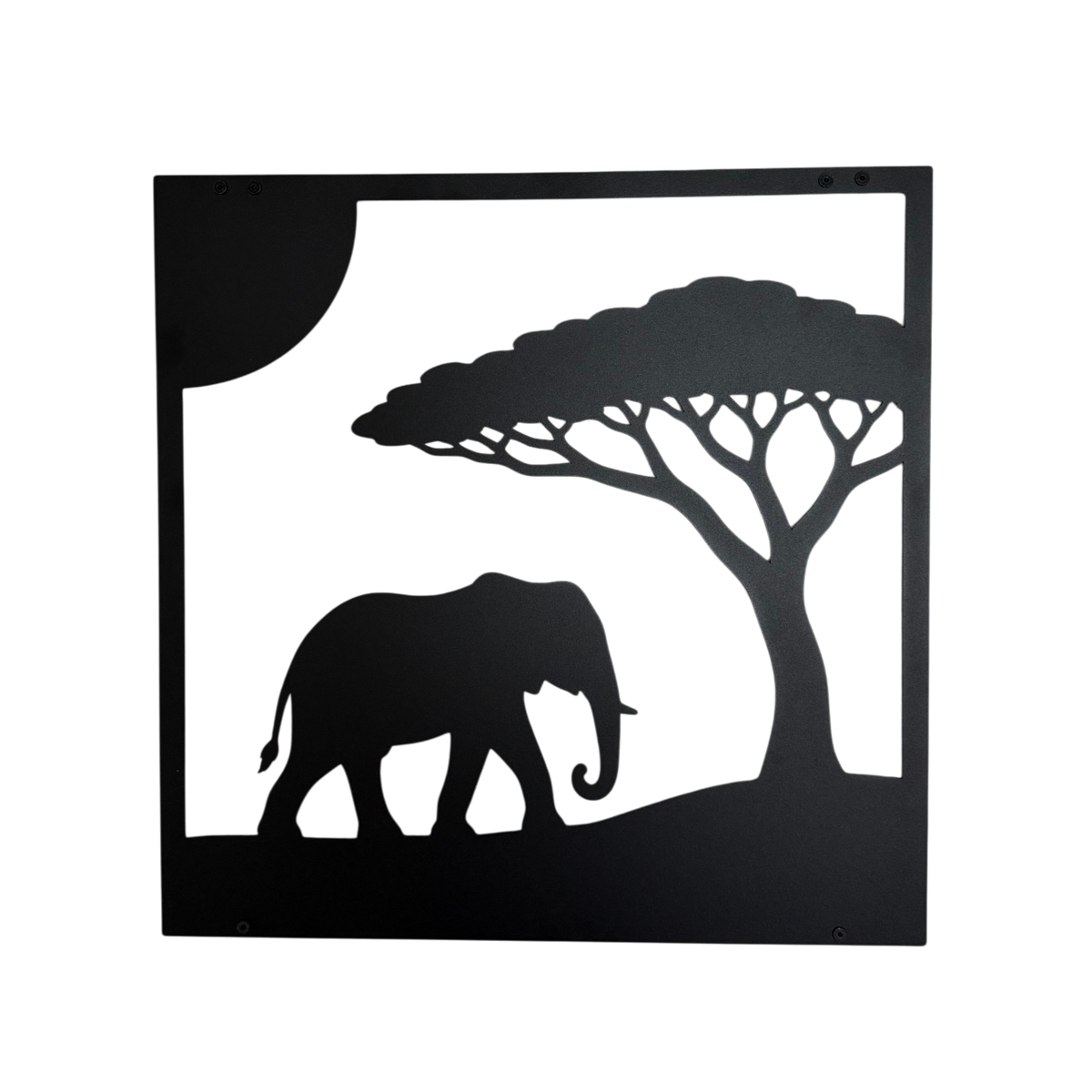 Productfoto van stalen Wanddecoratie SAFARI met olifant, acaciaboom en zon