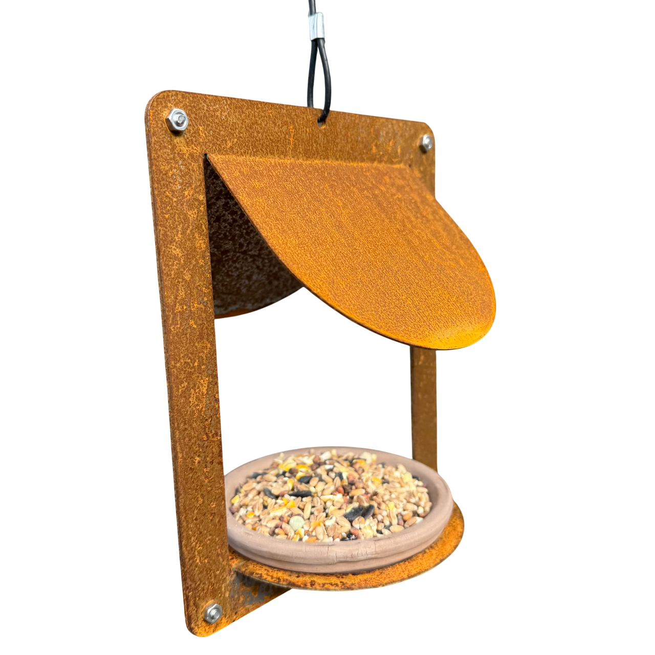 Design vogelvoederhuis WINGS van cortenstaal met terracotta schaaltje