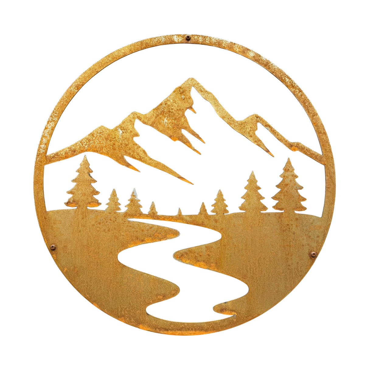 Cortenstalen wanddecoratie ALPEN met berglandschap, ronde metalen muurdecoratie van 450 mm voor tuinmuur of gevel.
