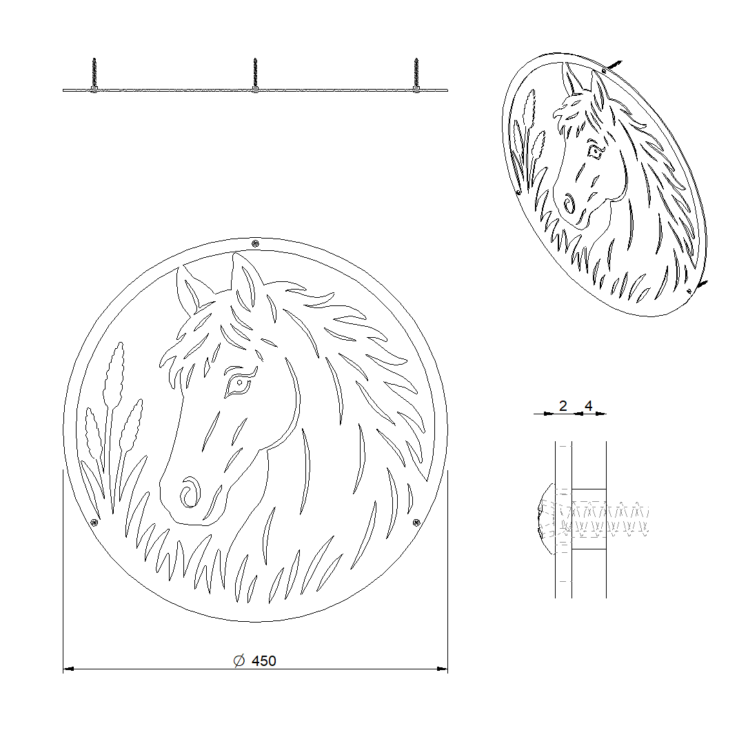 Wanddecoratie HORSE van cortenstaal met paard, ronde wanddecoratie Ø 450 mm voor gevel, tuinmuur of schutting
