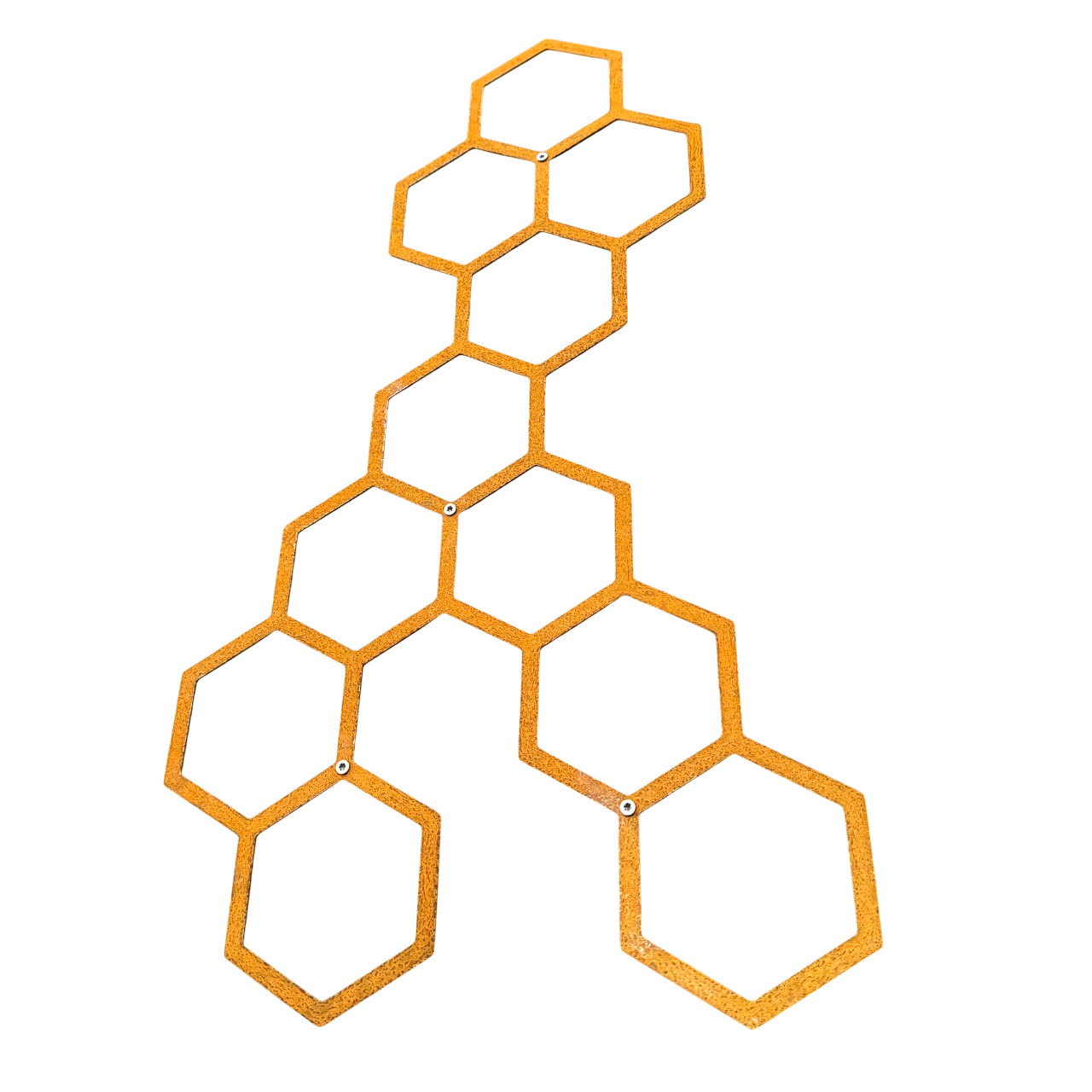 Wanddecoratie HIVE van cortenstaal met 11 hexagons – voor buiten