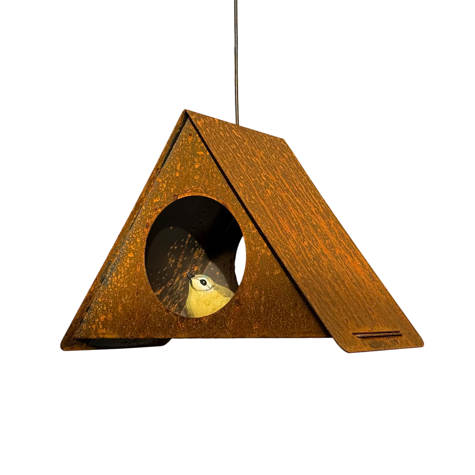 Hangend Vogelvoederhuis ALPHA van cortenstaal met RVS haakje en staaldraad.