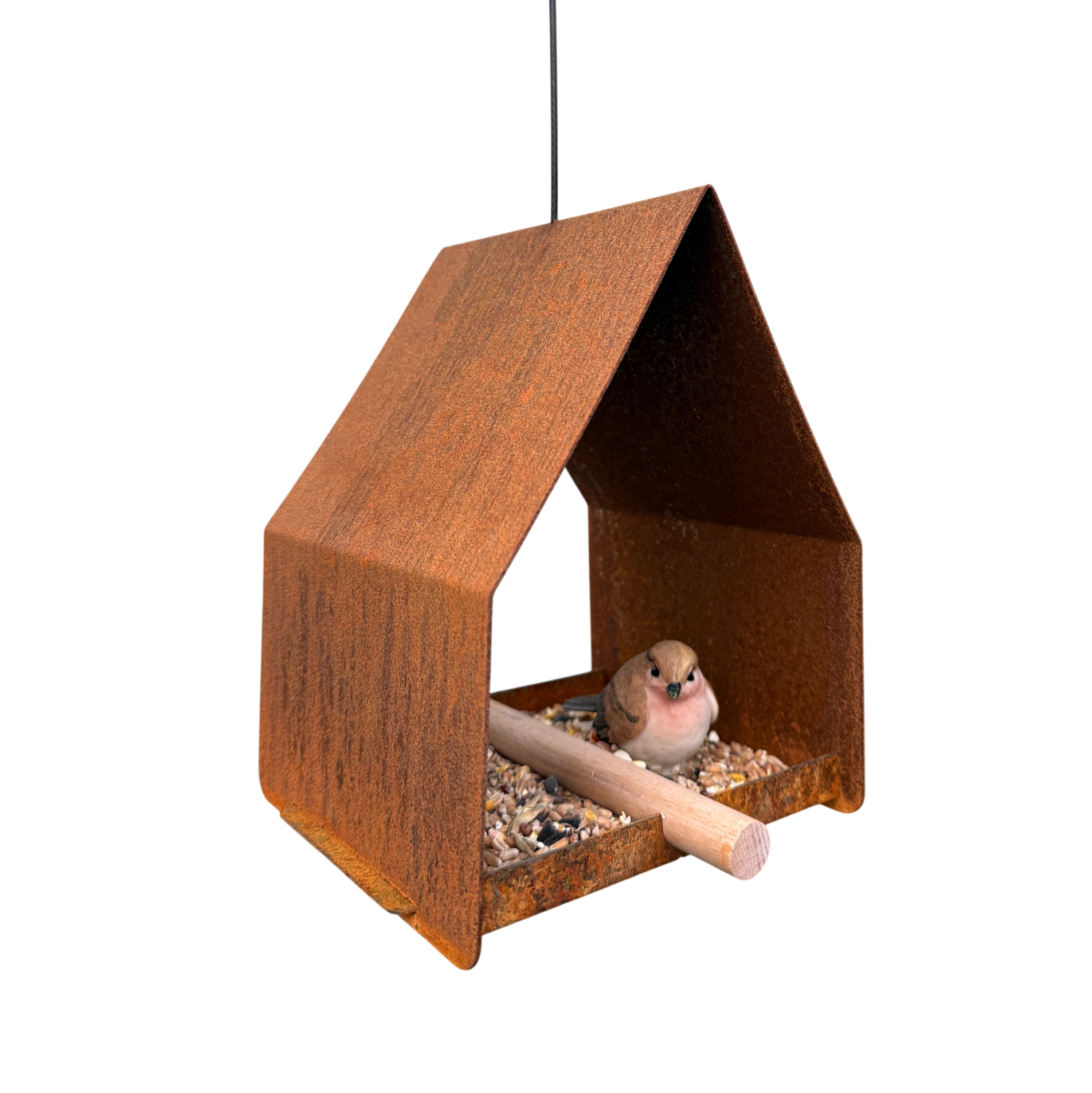 Vogelvoederhuis SINA – cortenstalen hangend vogelhuis met RVS haak