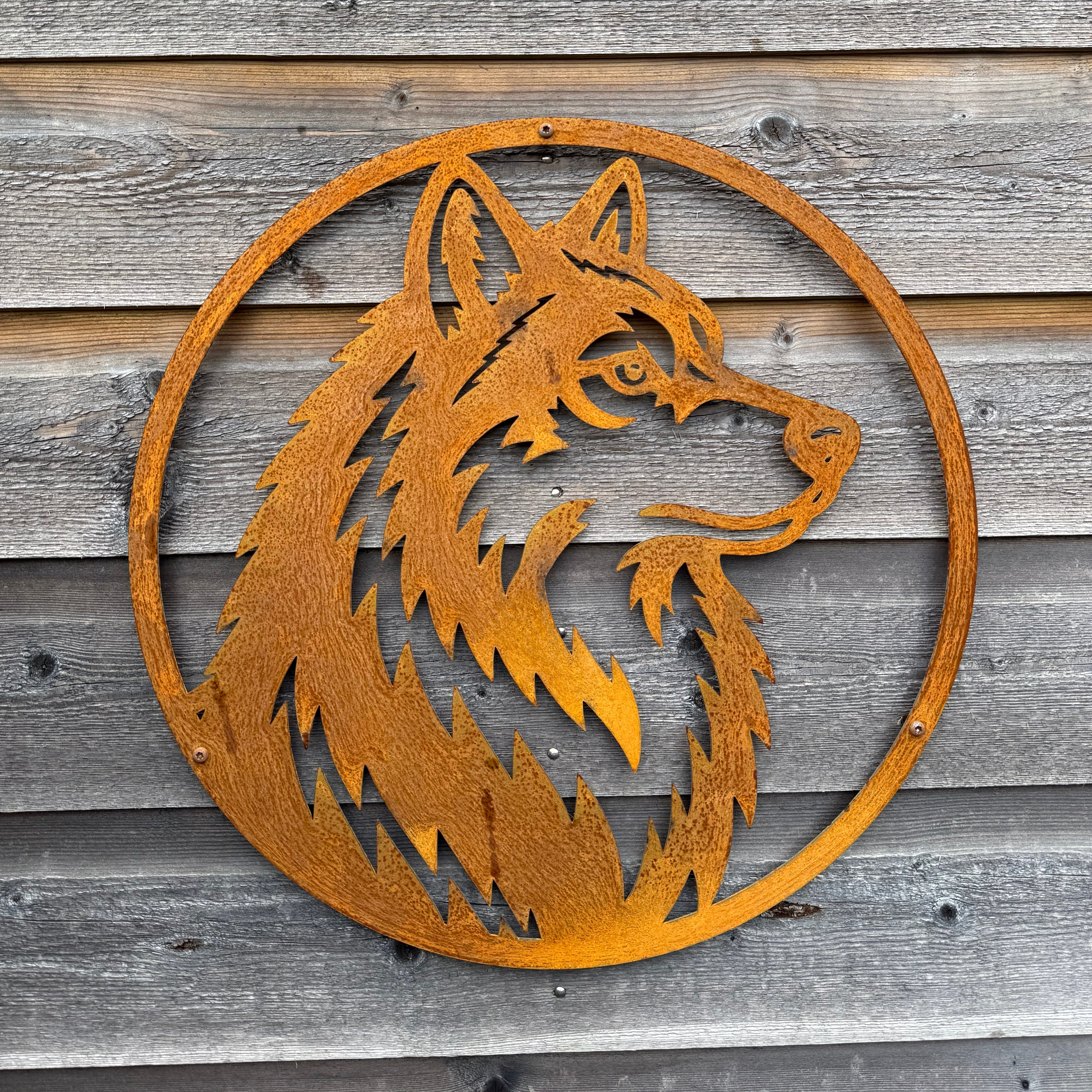 Wanddecoratie HUSKY van cortenstaal met wolf, ronde muurdecoratie voor buiten