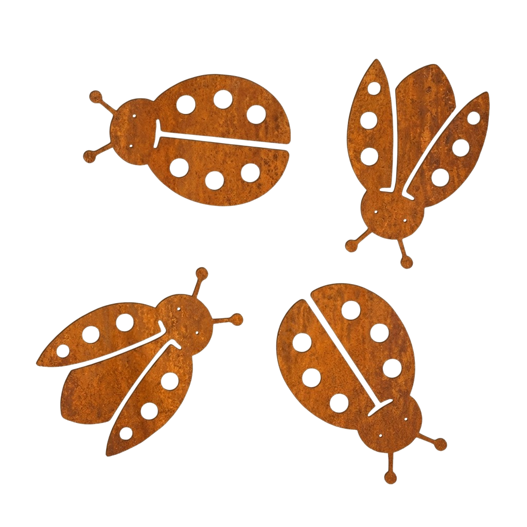 Tuinvorm LADYBIRD van Stalen Design, set van 4 cortenstalen lieveheersbeestjes voor wandmontage.