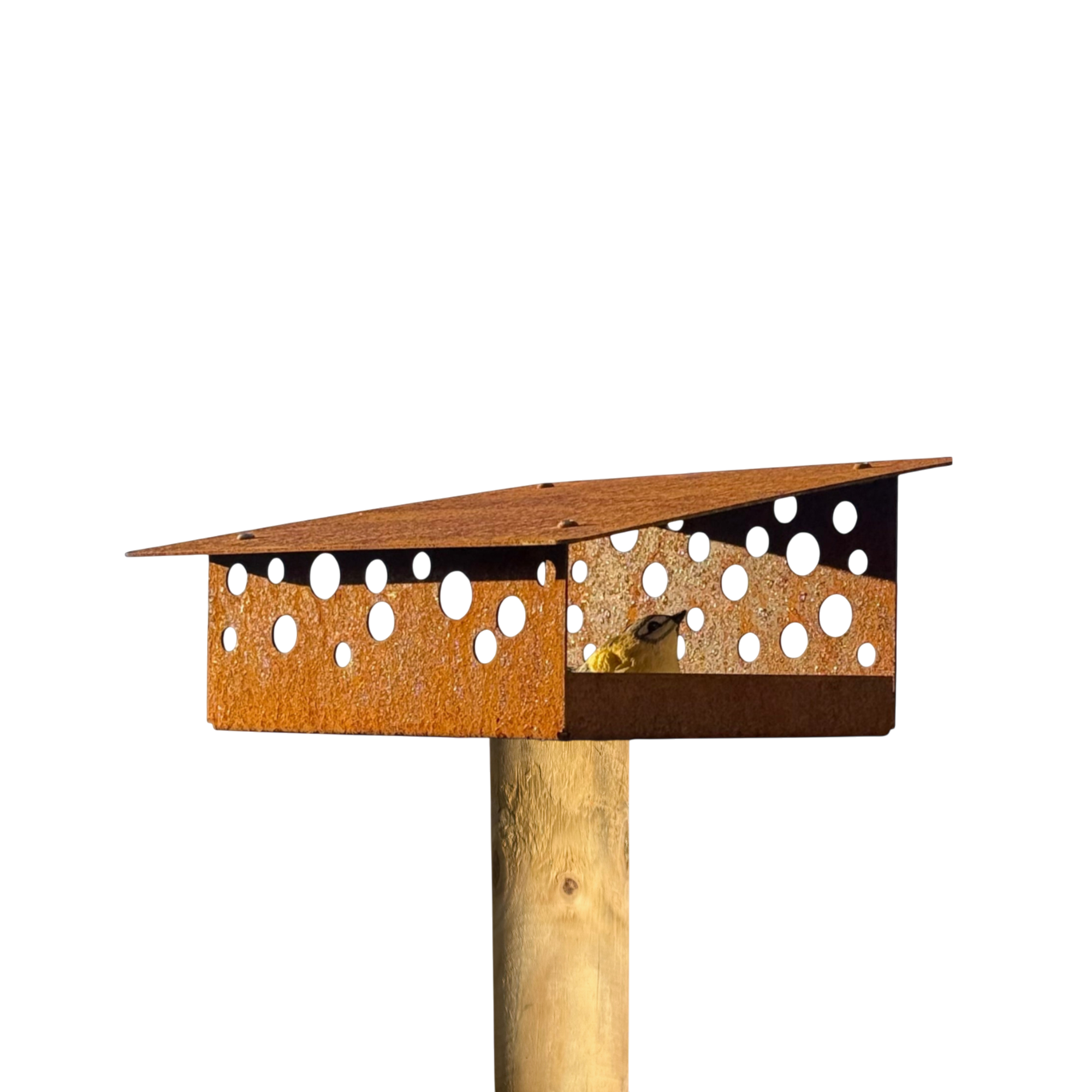 Vogelvoederhuis SOLEIL van cortenstaal met lessenaarsdak voor montage op paal