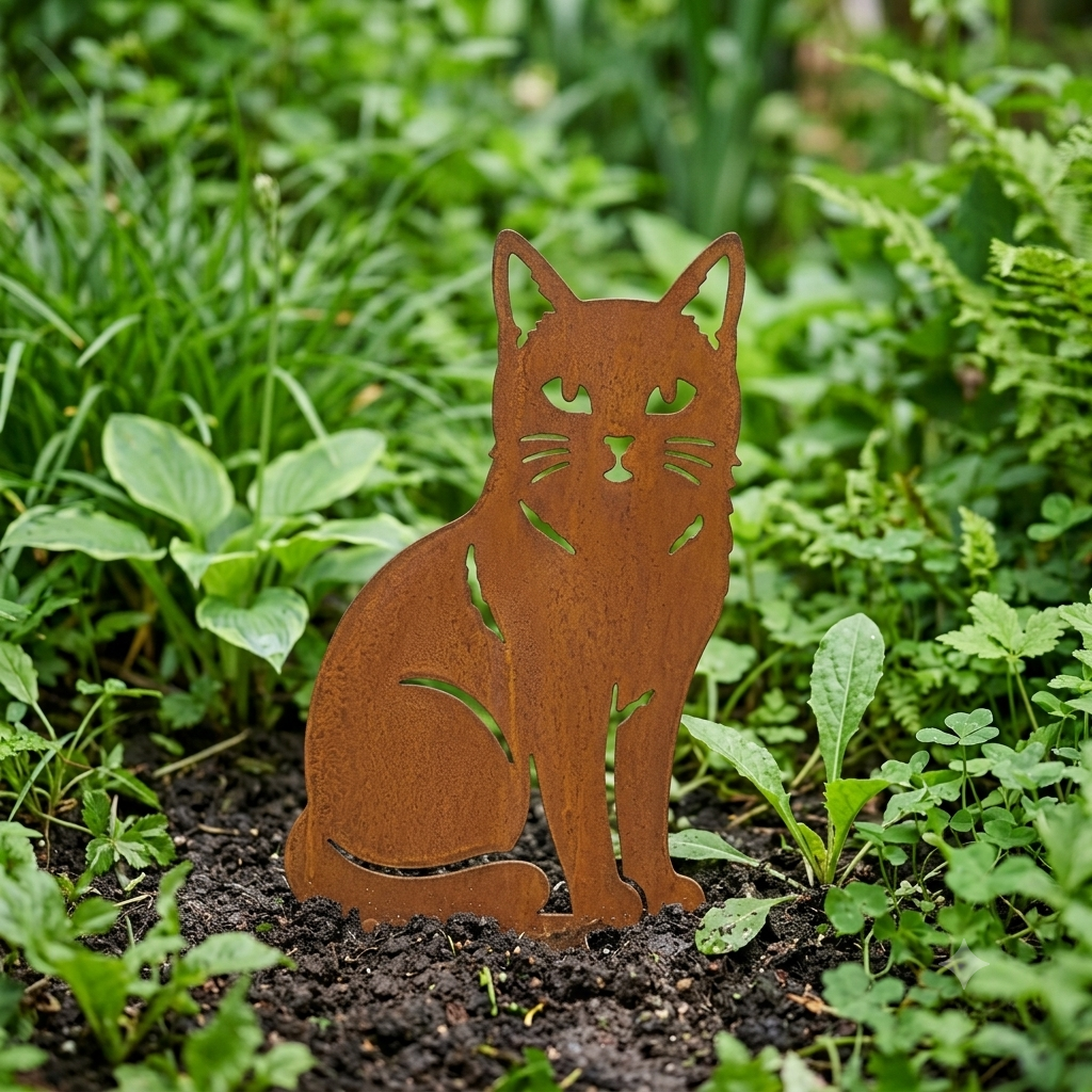 Tuinsteker SFINX van Stalen Design, zittende kat van 3 mm cortenstaal met zichtbare snorharen en staart.