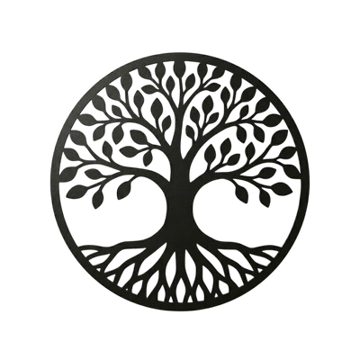 Wanddecoratie LIFE van 2 mm staal met levensboom, ronde metalen wanddecoratie voor woonkamer, hal of kantoor.