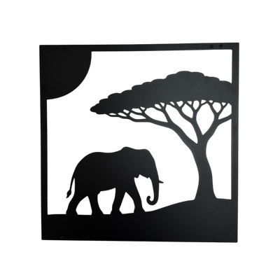 Productfoto van stalen Wanddecoratie SAFARI met olifant, acaciaboom en zon